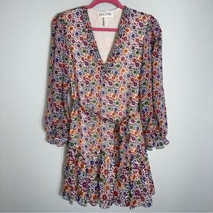 Saloni Silk Mini Dress-V Neck-Long Sleeves-Multicolor-Ruffle-US Size 4